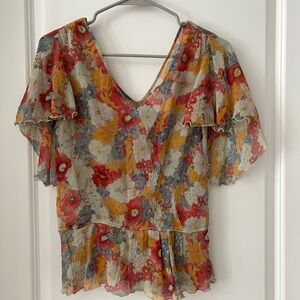 Anna Sui Anthropologie Multicolor Floral Silk Blouse
